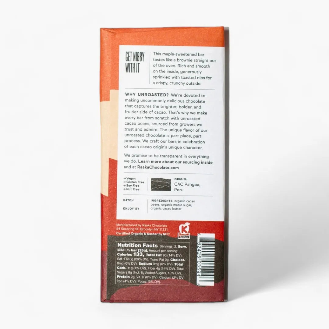 Raaka Maple & Nibs 75% Cacao Dark Chocolate Bar